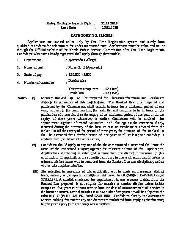 Kerala PSC Notification for Nurse Gr II Ayurveda 325 2019